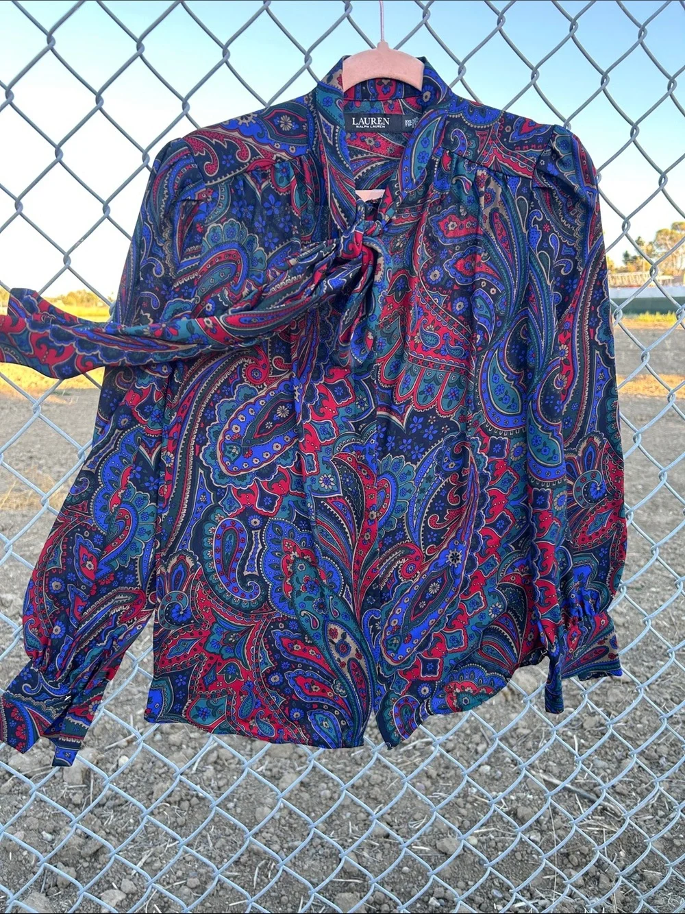 Lauren Ralph Lauren equestrian blue red & purple Paisley Tie-Neck Blouse - Picture 5 of 12